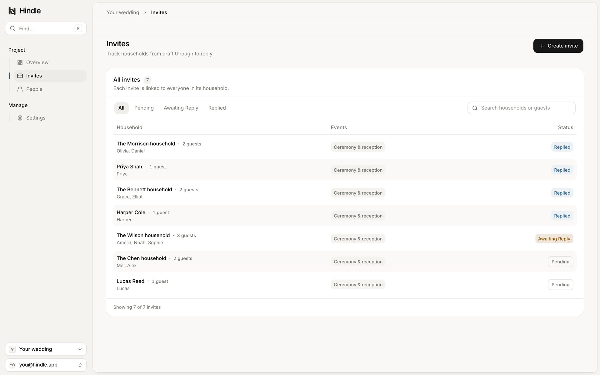 The Hindle invites table listing households, their events and reply status
